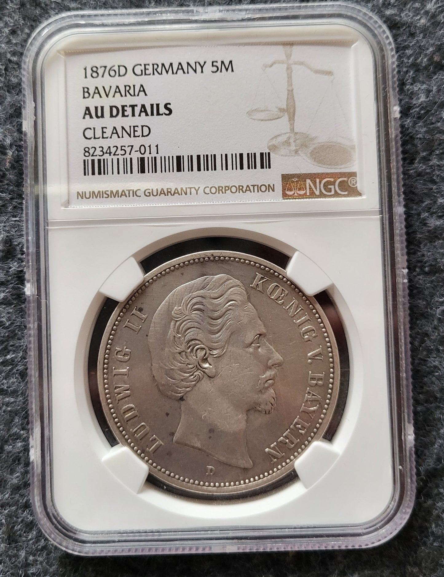 5 Mark Bayern 1876 NGC zertifiziert AU gereinigt