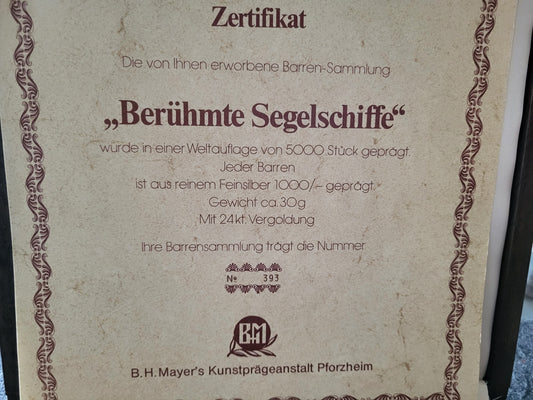 Set 12x 30g Silberbarren Berühmte Segelschiffe 24kt vergoldet