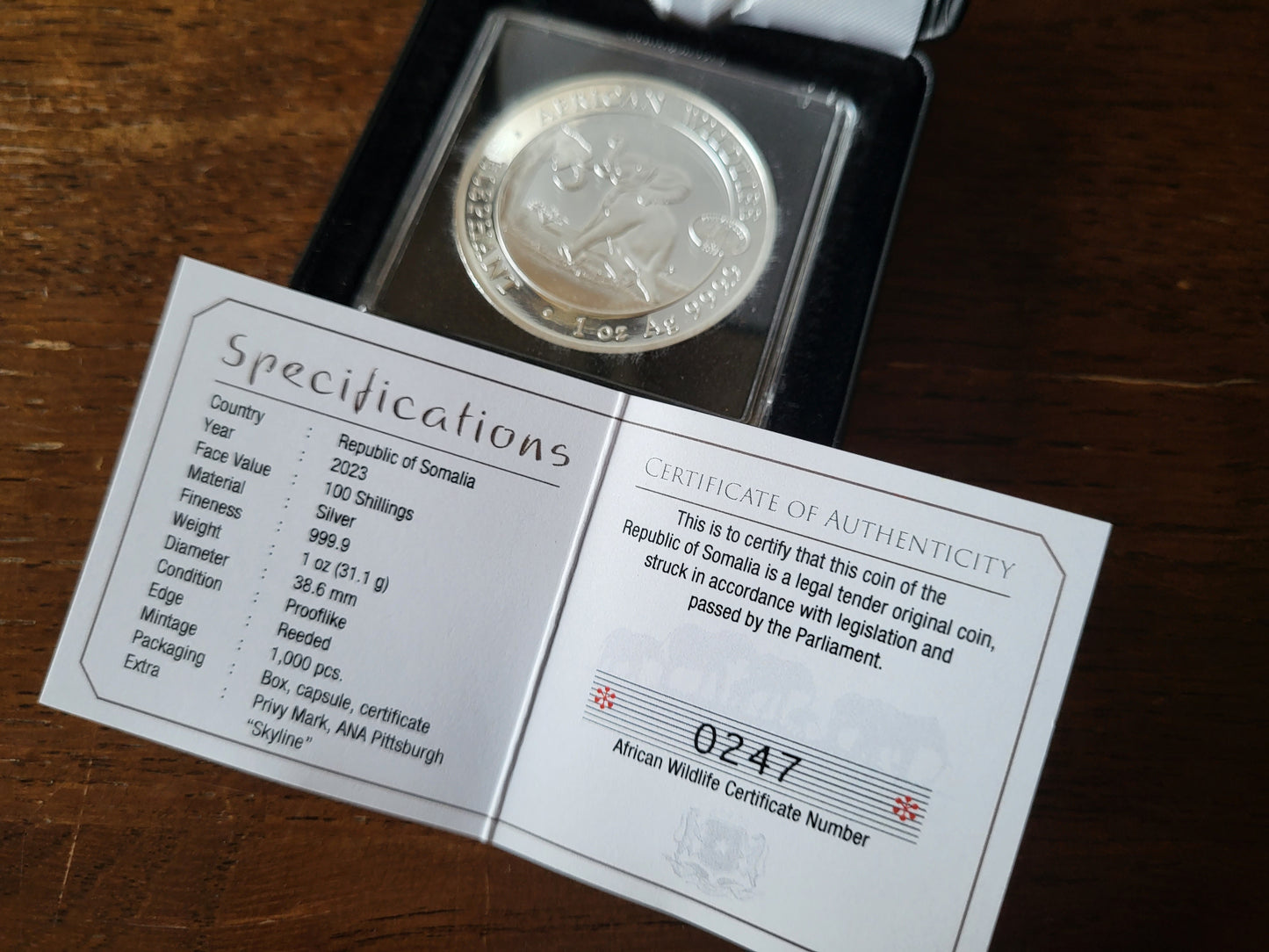 1oz Silber Somalia Elefant 2023 Privy Mark ANA leichte Flecken