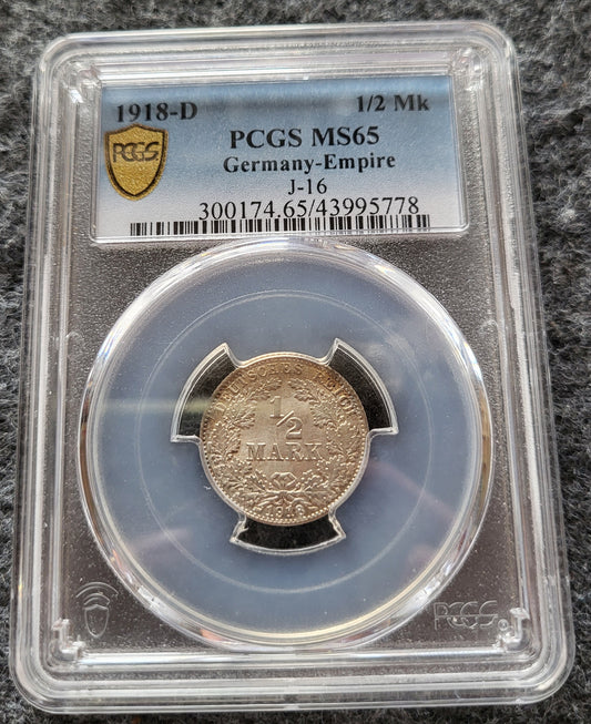 1/2 Mark Kaiserreich 1918 D PCGS zertifiziert MS 65