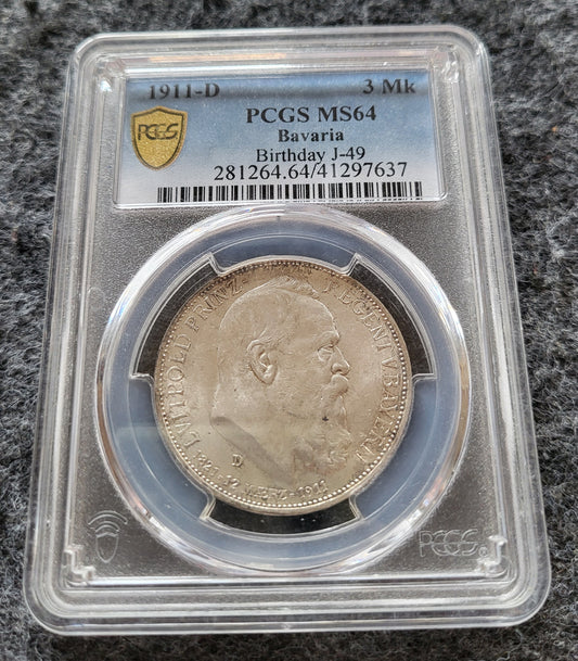 3 Mark Kaiserreich Bayern 1911 PCGS zertifiziert MS 64
