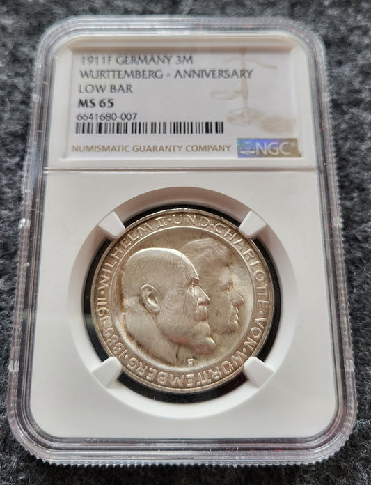 3 Mark Kaiserreich Württemberg 1911 Hochzeit NGC zertifiziert MS 65