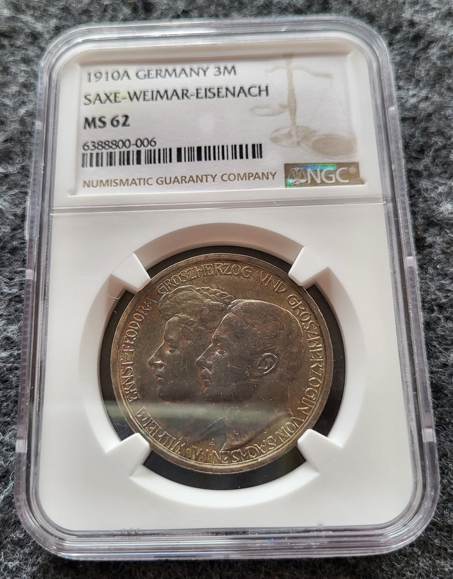 3 Mark Kaiserreich Sachsen Weimar Eisenach 1910 NGC zertifiziert MS 62