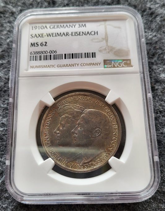 3 Mark Kaiserreich Sachsen Weimar Eisenach 1910 NGC zertifiziert MS 62