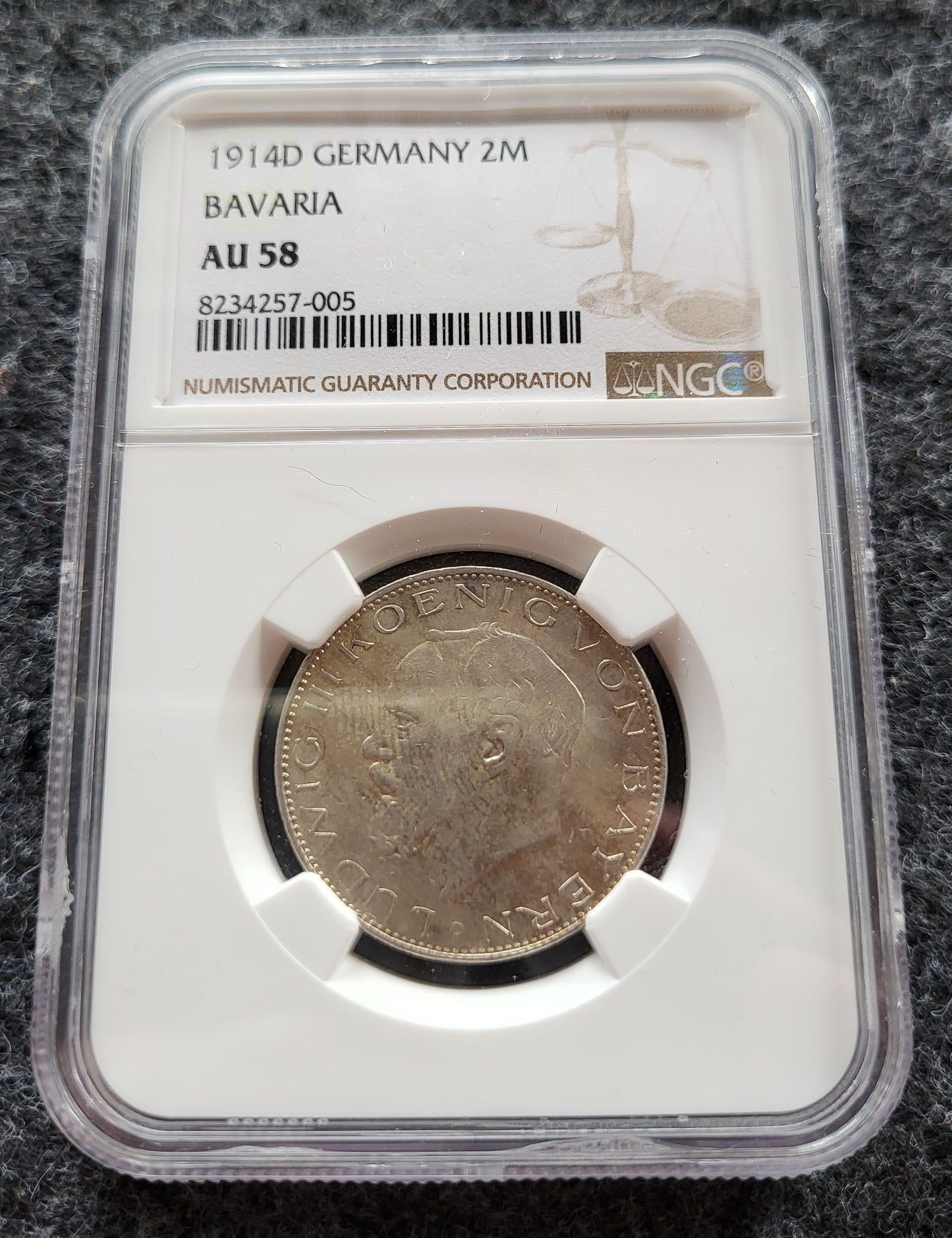 2 Mark Kaiserreich Bayern 1914 NGC zertifiziert AU 58