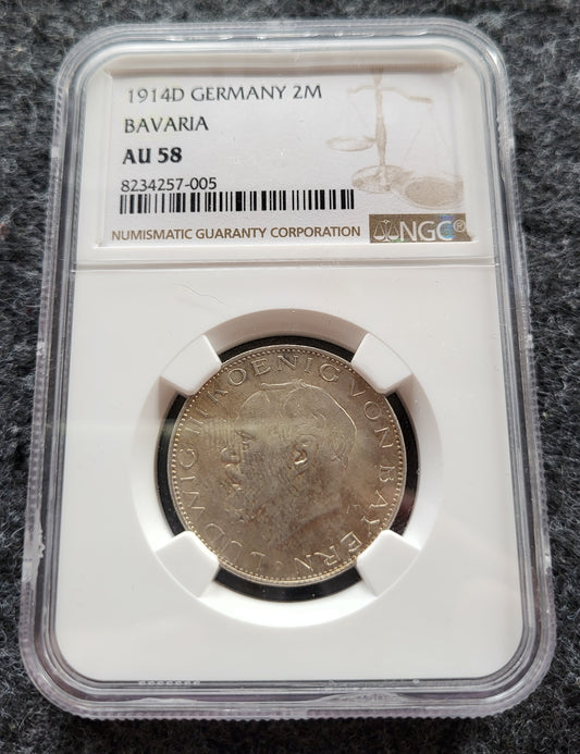 2 Mark Kaiserreich Bayern 1914 NGC zertifiziert AU 58