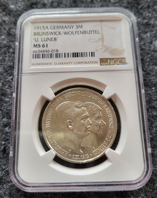 3 Mark Kaiserreich Braunschweig Lüneburg 1915 NGC zertifiziert MS 61
