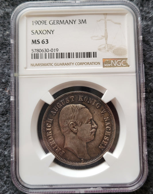 3 Mark Sachsen 1909 NGC zertifiziert MS 63