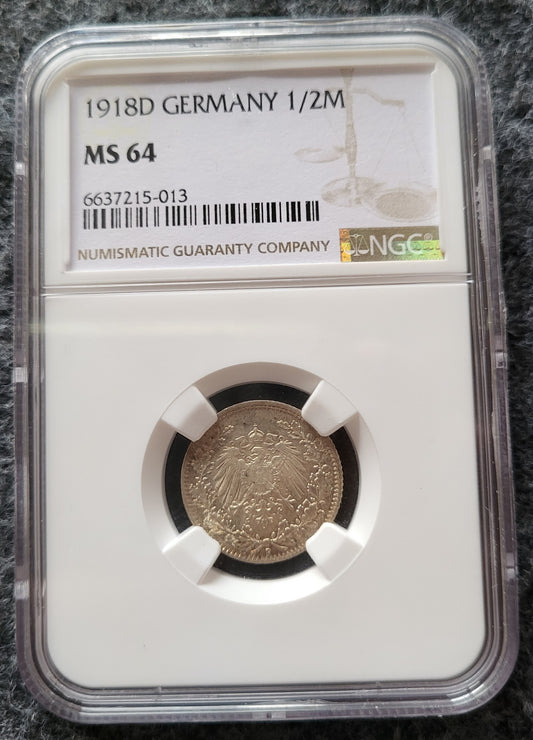 1/2 Mark Kaiserreich 1918 D NGC MS 64