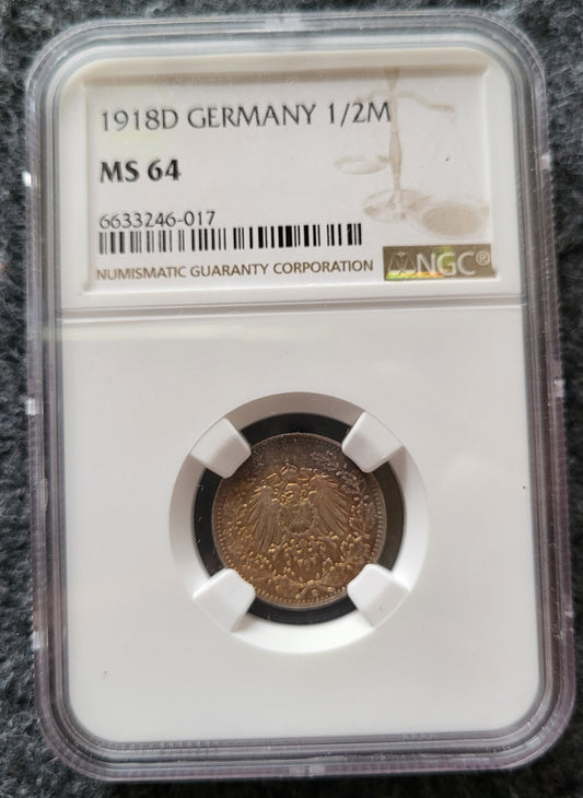 1/2 Mark Kaiserreich 1918 D NGC MS 64