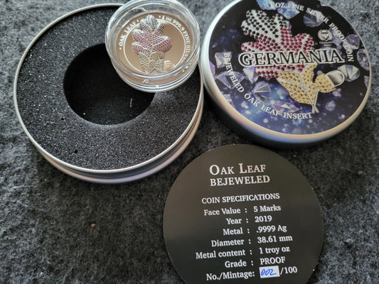 1oz Silber Oak Leaf Germania Mint 2019 mit Juwelen Insert Deutschland Farben