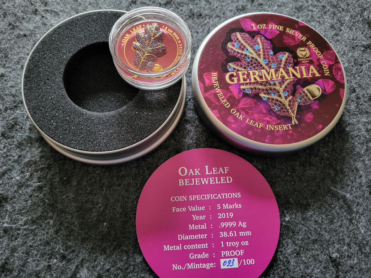 1oz Silber Oak Leaf Germania Mint Juwelen Insert Pink