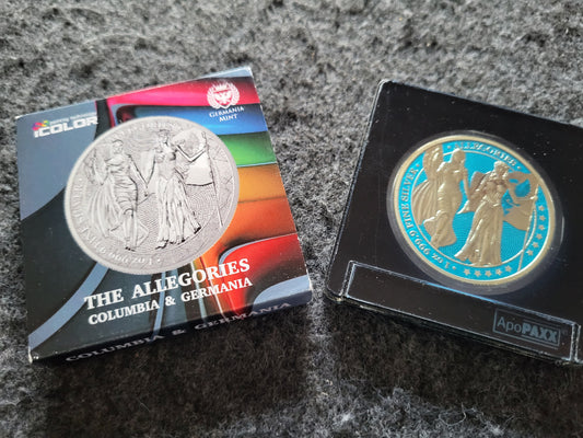 1oz Silber Allegories Columbia und Germania 2019 Erstausgabe Coloriert