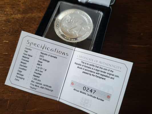 1oz Silber Somalia Elefant 2023 Privy Mark ANA leichte Flecken