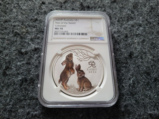 1oz Silber Lunar III Hase 2023 coloriert NGC zertifiziert MS 70