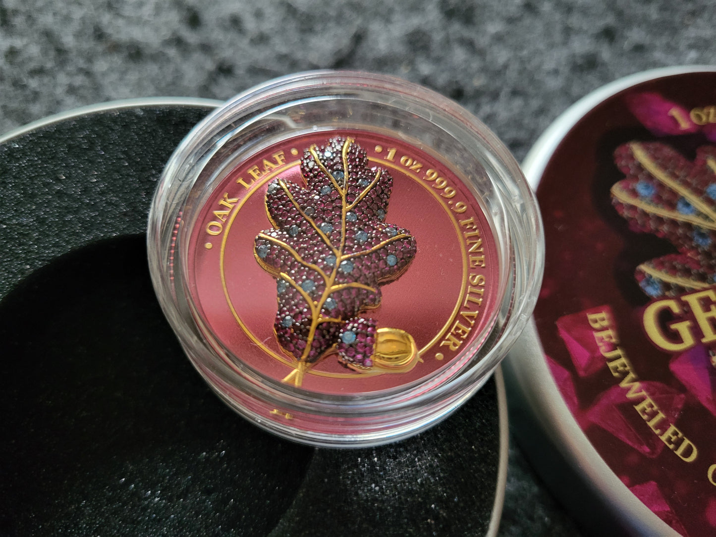 1oz Silber Oak Leaf Germania Mint Juwelen Insert Pink