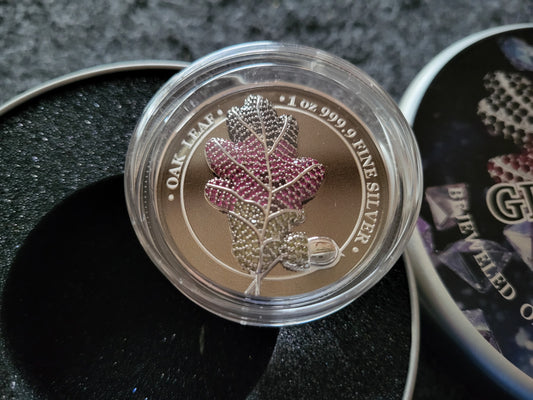 1oz Silber Oak Leaf Germania Mint 2019 mit Juwelen Insert Deutschland Farben