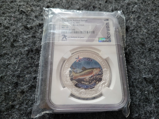 1oz Silber Michigan Brook Trout Coloriert NGC Zertifiziert MS 70